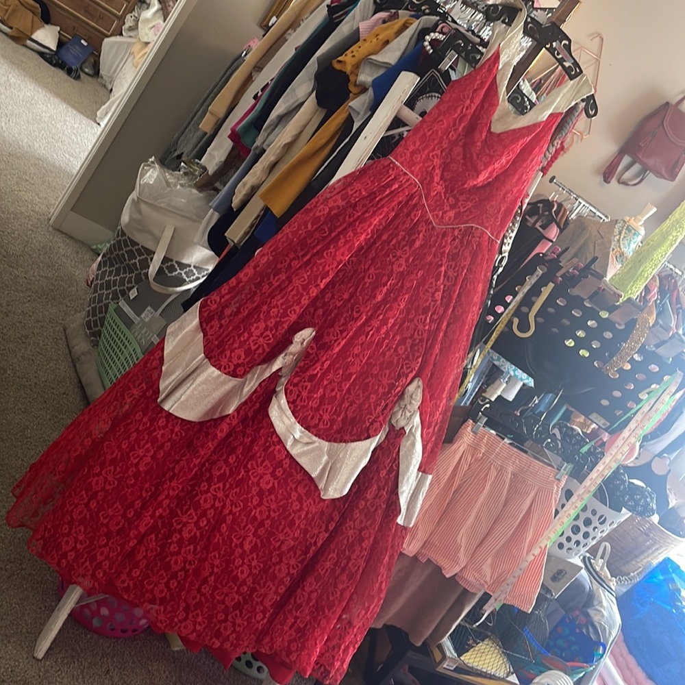 GIFTED 1950’a Vintage Red Southern Belle Ball Gown Red Lace Bows Maxi Dress - Picture 15 of 17